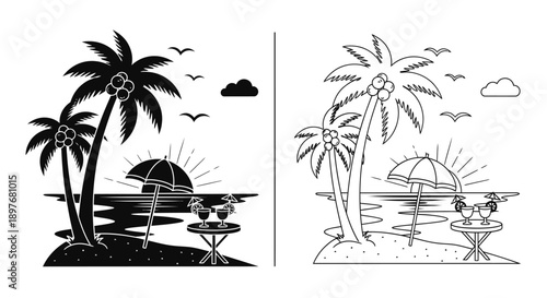 Tropical Beach Icon with Palm Trees Umbrella Cocktails Sunset for Summer Vacation