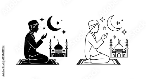 Muslim Man Praying on Mat with Mosque Crescent Moon for Islam Worship Vector