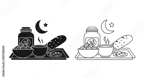 Iftar Meal Tray Vector Silhouette for Ramadan Fasting Break with Dates Bread Tea and Moon Star