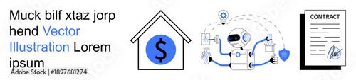 Artificial intelligence, smart contracts, financial automation, home ownership, machine learning, digital transactions. Robot linking house and contract. Financial automation and smart contracts