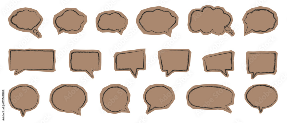 Fototapeta premium Set of brown craft paper speech bubbles with grunge outlines