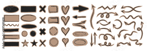 Hand-drawn grunge set with doodle arrows, frames and shapes in cutout torn paper collage style for scrapbooking.