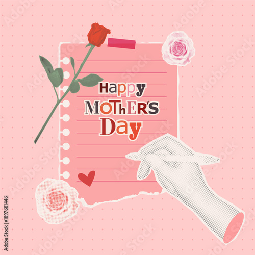 Happy Mothers Day greeting card with hand writing on paper note and red rose