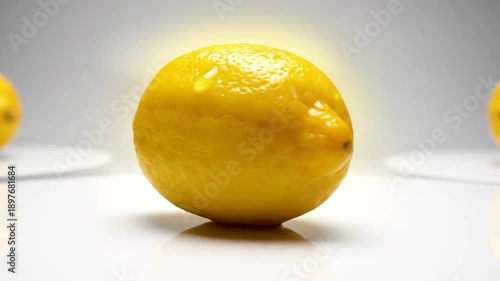 A Single Ripe Yellow Lemon Illuminated on a White Stage with Soft Glow, Showcasing Freshness and Citrus Flavor