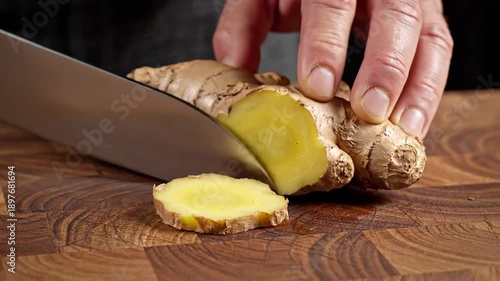 Close-up of chef hands slicing fresh ginger root on a rustic butcher block in slow motion