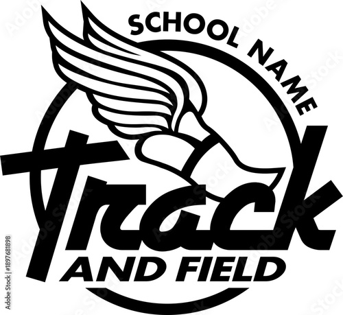track and field team design with winged foot for school, college or league sports