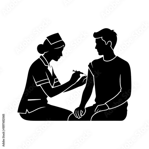 Nurse administering vaccination to a young man.