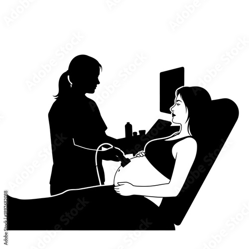 Pregnant woman undergoing ultrasound scan with medical professional.
