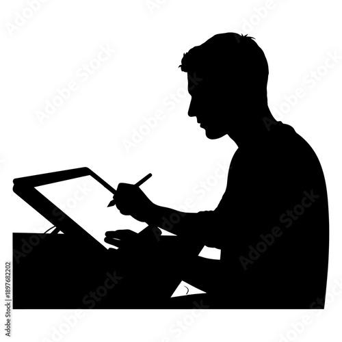 Man drawing on a graphics tablet with a stylus pen.