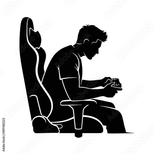Man sitting in a gaming chair playing video game.