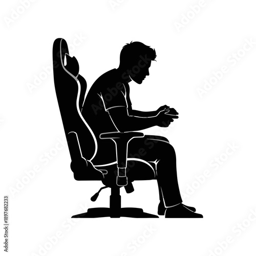 Man sitting in office chair using mobile phone.