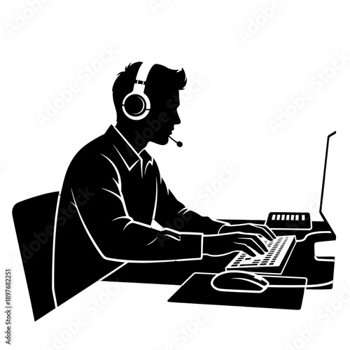 Customer service representative working on computer with headset.