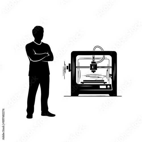Man standing next to a 3D printer machine.