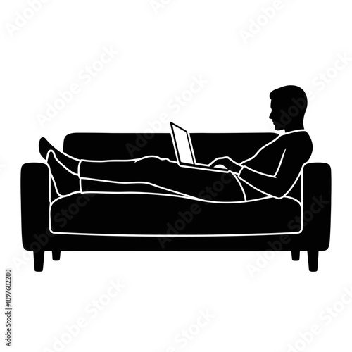 Man relaxing on sofa with laptop, leisure activity illustration.