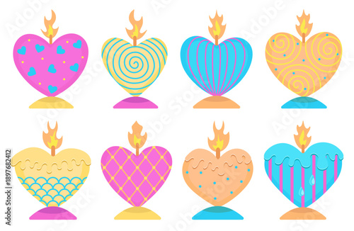 Color psychedelic heart shaped candle set, vector signs. Romantic cliparts for Valentine's Day, pictograms with whimsical abstract geometric patterns, dots, swirls, etc.