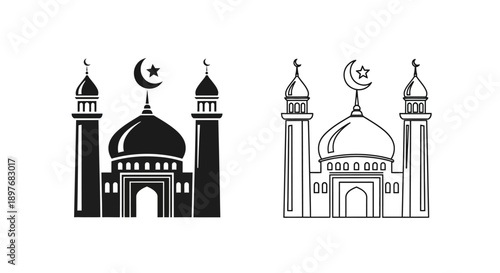 Islamic Mosque Building Icon with Crescent Moon and Star Vector for Religious Design