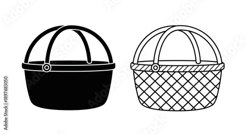 Classic Woven Picnic Basket Vector Icon for Shopping Food and Outdoor Activities Design