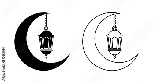 Ornate Crescent Moon with Hanging Lantern Vector Icon for Islamic Ramadan Decoration