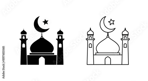Minimal Islamic Mosque Icon with Crescent Moon and Star, Religious Building Symbol