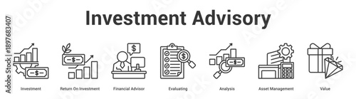 Investment Advisory web banner icon set vector illustration concept for business with icon of Investment, Return On Investment, Financial Advisor, Evaluating, Analysis, As.