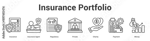 Insurance Portfolio web banner icon set vector illustration concept for business with icon of Insurance, Insurance Agent, Regulatory, Private, Chari.