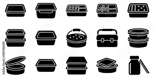 Food Storage Container and Lunchbox Silhouette Vector Icon Set
