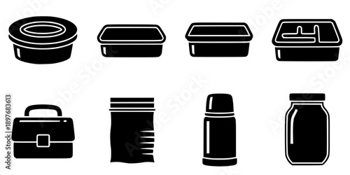 Food Storage Container and Lunchbox Silhouette Vector Icon Set
