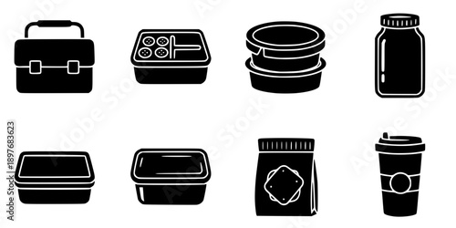 Food Storage Container and Lunchbox Silhouette Vector Icon Set
