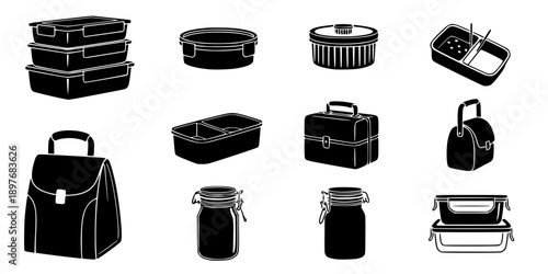 Food Storage Container and Lunchbox Silhouette Vector Icon Set
