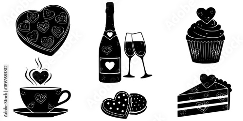 Valentine Food and Drink Silhouette Vector Icon Set with Heart Patterns
