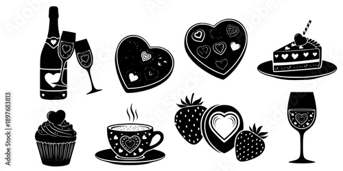 Valentine Food and Drink Silhouette Vector Icon Set with Heart Patterns
