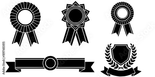 Award Ribbon and Rosette Badge Silhouette Vector Icon Set
