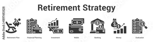 Retirement Strategy web banner icon set vector illustration concept for business with icon of Retirement Plan, Financial Planning, Investment, Wallet, Banki.