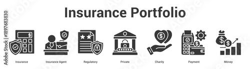 Insurance Portfolio web banner icon set vector illustration concept for business with icon of Insurance, Insurance Agent, Regulatory, Private, Chari.