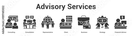 Advisory Services web banner icon set vector illustration concept for business with icon of Consulting, Consultation, Representative, Client, Business, Strate.