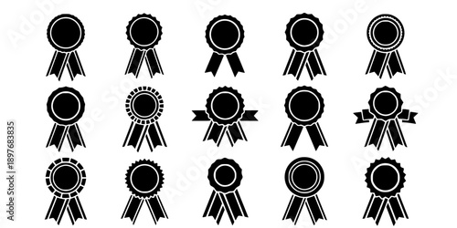 Award Ribbon and Rosette Badge Silhouette Vector Icon Set
