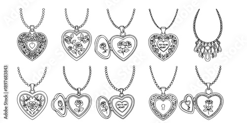 group of valentine day locket design Jewelry Necklace and Locket Pendant Line Art Vector Collection
