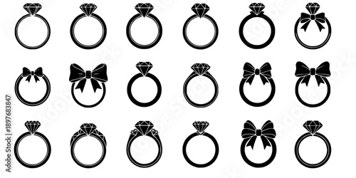 Engagement and Wedding Ring Silhouette Vector Icon Set with Diamonds and Bows
