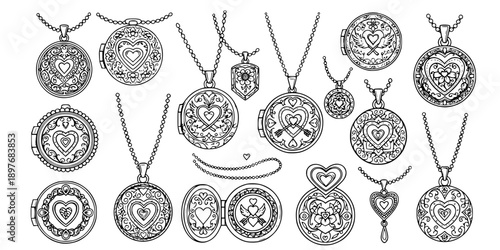 group of valentine day locket design Jewelry Necklace and Locket Pendant Line Art Vector Collection
