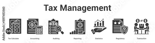 Tax Management web banner icon set vector illustration concept for business with icon of Tax Calculate, Accounting, Auditing, Reporting, Statisti.
