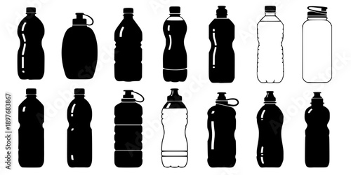 set of different water bottle design Beverage Bottle and Plastic Water Container Silhouette Vector Set
