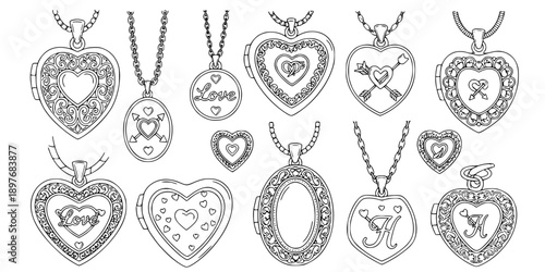 group of valentine day locket design Jewelry Necklace and Locket Pendant Line Art Vector Collection
