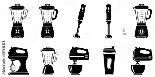 Kitchen Blender and Food Mixer Silhouette Vector Icon Set
