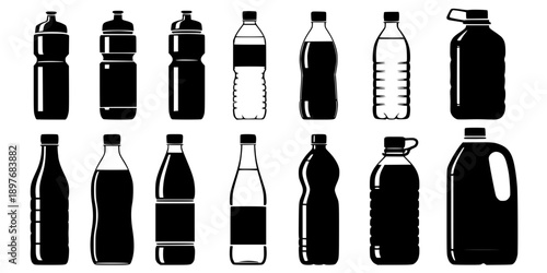 set of different water bottle design Beverage Bottle and Plastic Water Container Silhouette Vector Set
