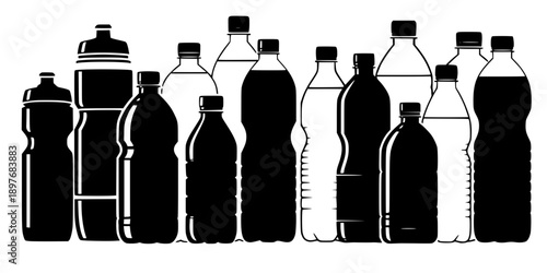 set of different water bottle design Beverage Bottle and Plastic Water Container Silhouette Vector Set
