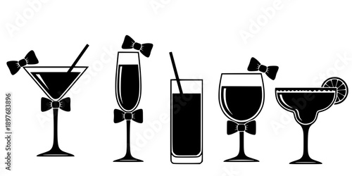 Cocktail and Party Drink Silhouette Vector Icon Set with Bow Ties
