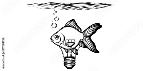 Goldfish Shaped Like Lightbulb Glowing Underwater Vector
