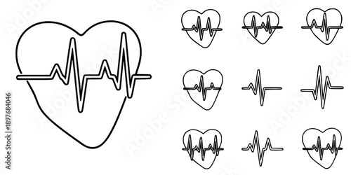 Heartbeat Pulse and ECG Rhythm Line Vector Icon Set
