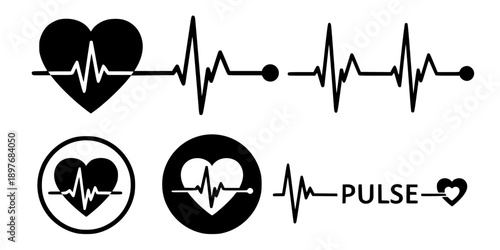 Heartbeat Pulse and ECG Rhythm Line Vector Icon Set
