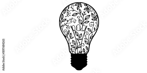 Lightbulb With Leaves Inside Silhouette Vector Illustration
